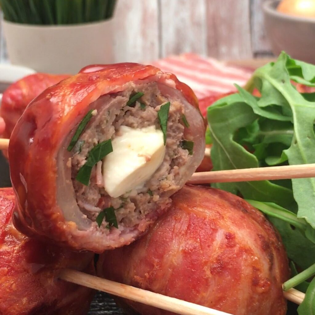 Bacon wrapped meatloaf lollipops