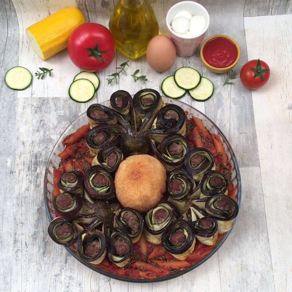 Gratin de pâtes boulettes aubergine