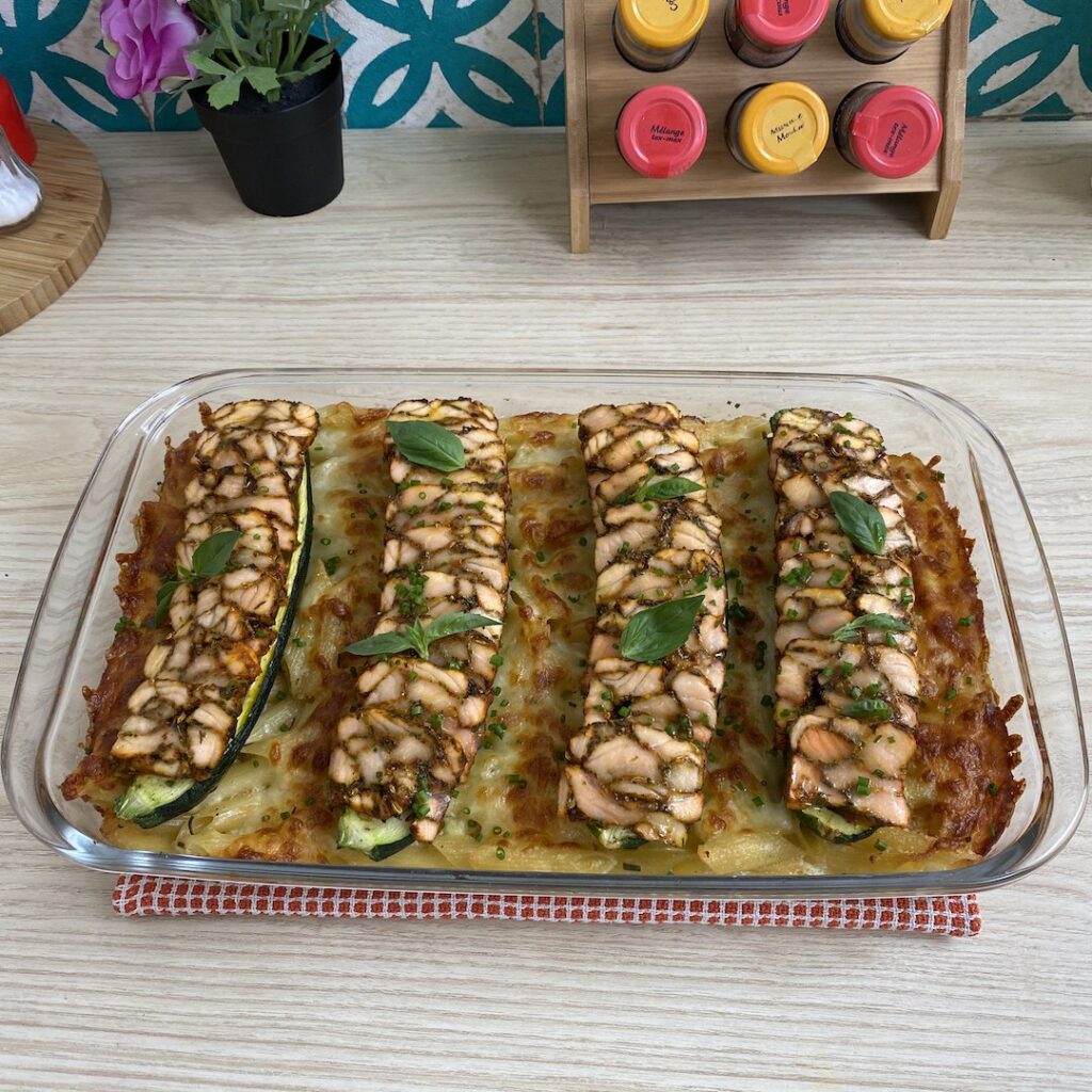 Gratin de pâtes courgette saumon