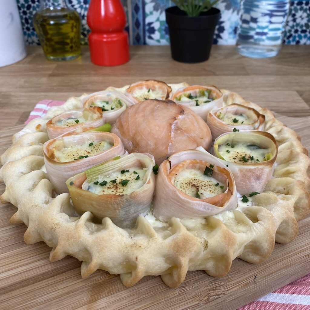 Pizza-torta de salmão & alho poró