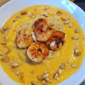 Butternut, des crozets et des crevettes sauce sucrée salée