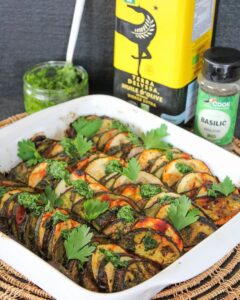 Gratin d&rsquo;aubergines et courgettes pesto et tomate