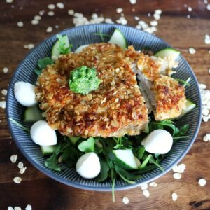Escalope milanaise aux flocons d&rsquo;avoine et pesto de roquette