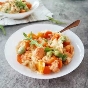 Risotto saumon, carottes et fèves