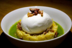 Risotto à la crème de petits pois et burrata