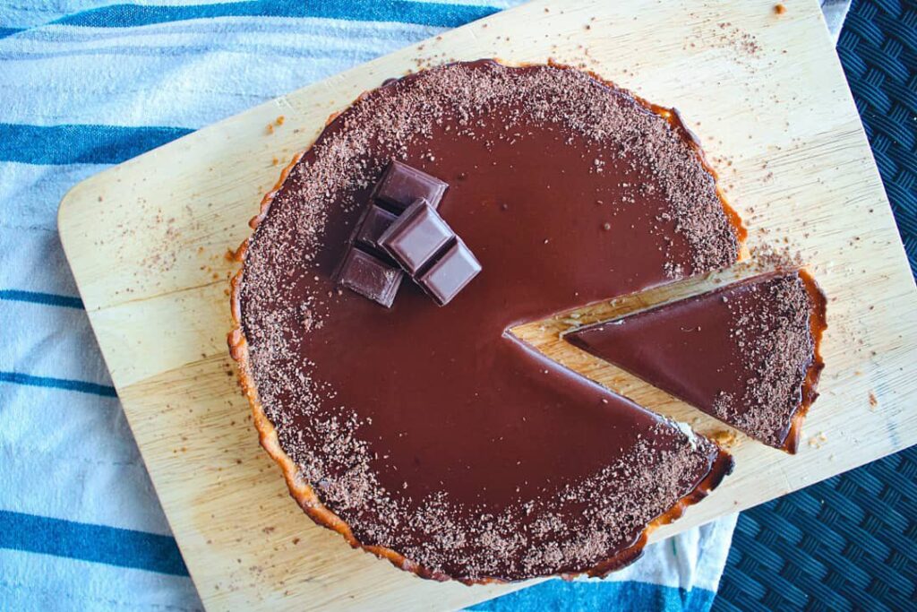 Tarte au chocolat, framboises pépins