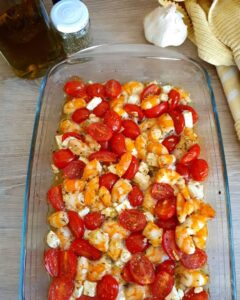 Crevettes à l&rsquo;ail, tomates cerises et feta