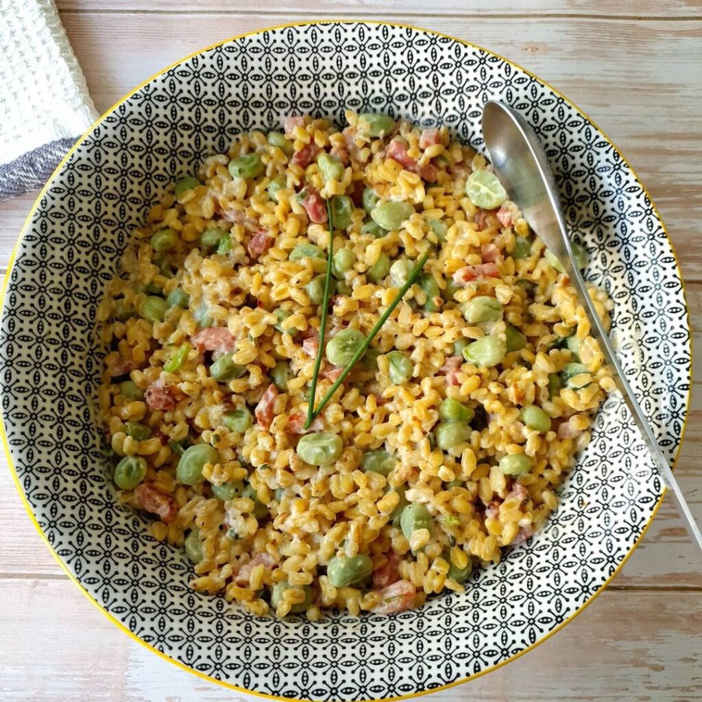 Blé carbonara et fèves