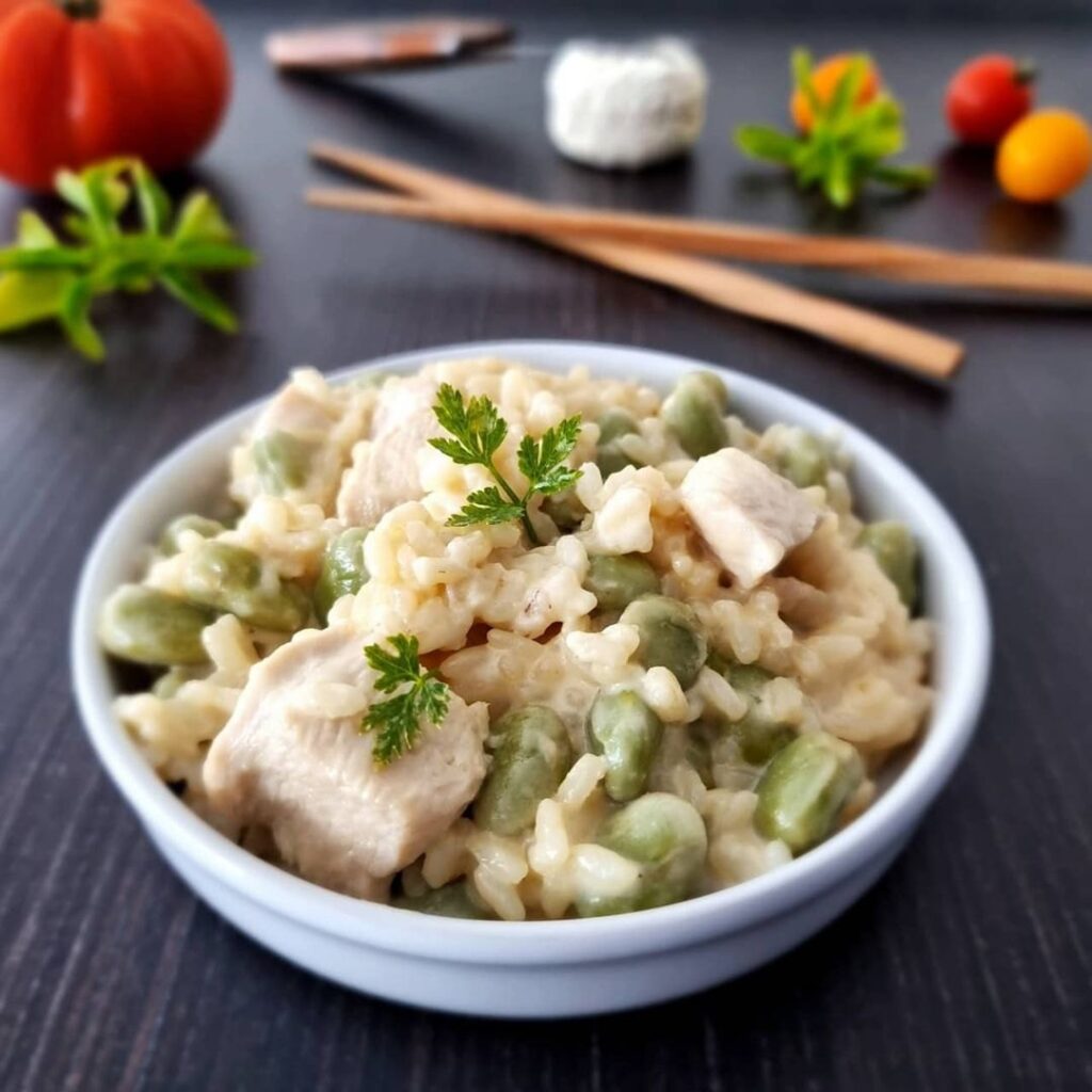 Risotto au poulet chèvre et fèves