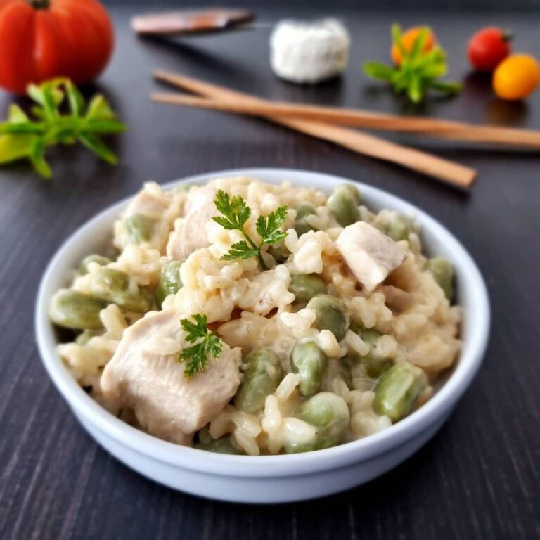 Risotto au poulet chèvre et fèves