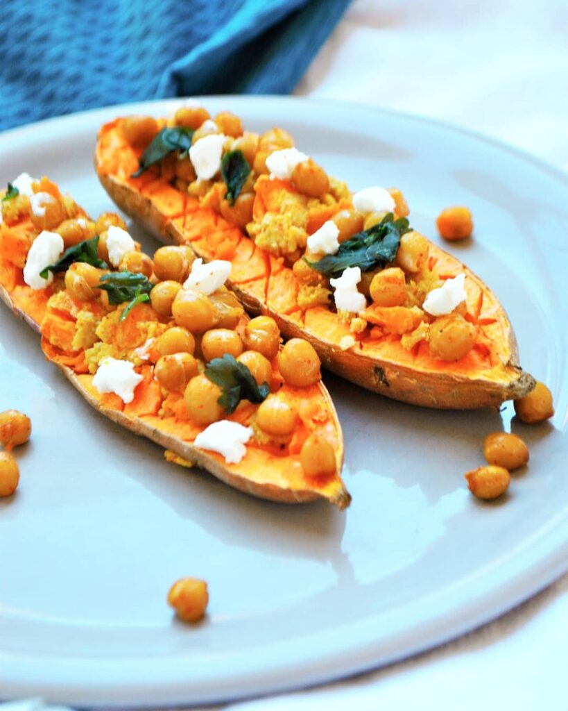 Patate douce farcie pois chiches feta coriandre