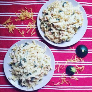 Pâtes carbonara revisitées (jambon et courgette)