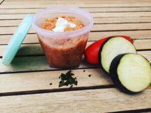 Purée aubergine tomate riz basilic dinde
