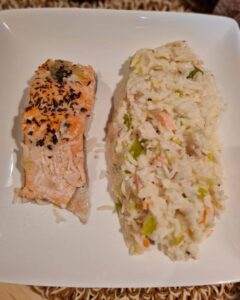 Riz au coulis de poireaux et pavé de saumon