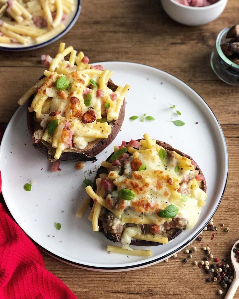 Aubergines farcies et macaronis au jambon
