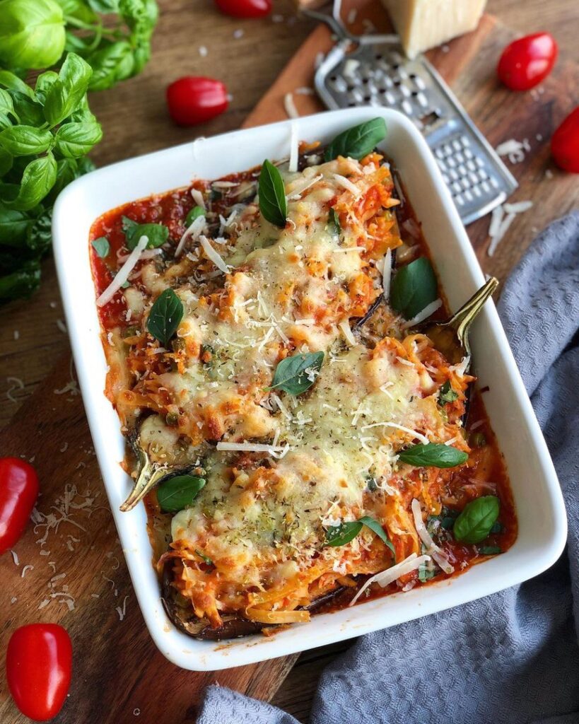 Aubergines gratinées et farcies à l’orzo