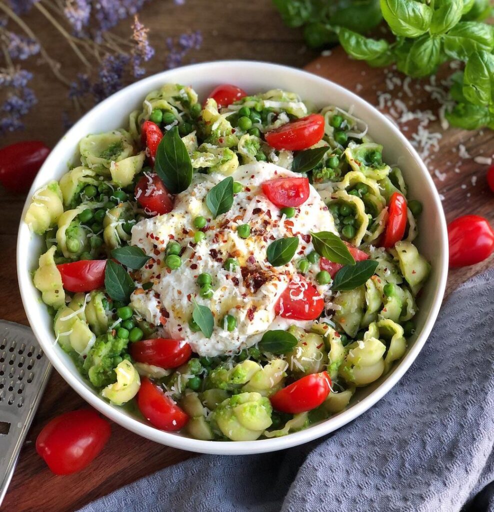 Pâtes au pesto de petits pois
