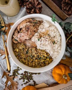 Rôti de porc, haricots mungo et riz basmati