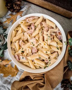 Pâtes à la crème de soja et lardons
