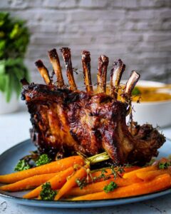 Carré d’agneau aux herbes et ses petites carottes glacées