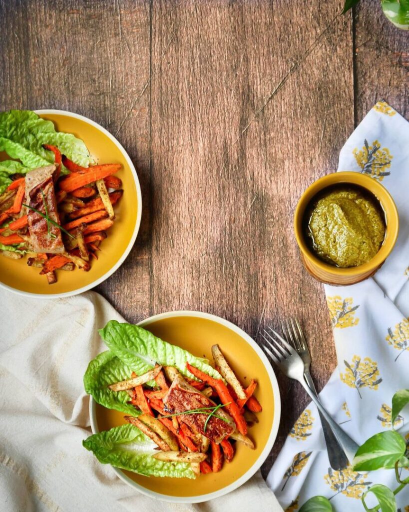 Fried veggies – vegan pesto – faux foie gras