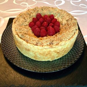 Tarte fromage blanc aux framboises façon crumble