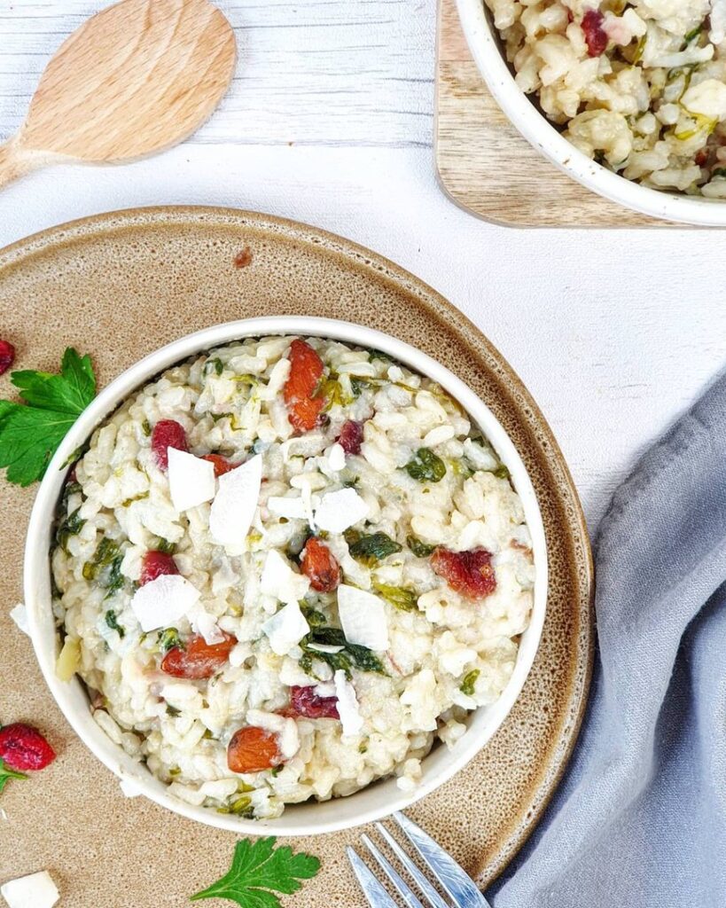 Risotto mâche, coco, cranerries – amandes