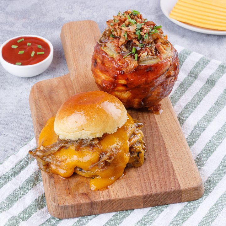Bacon-wrapped Baked Potato & Cheeseburger Sliders