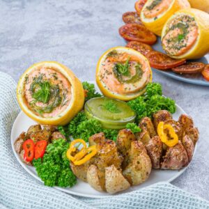 Flores de batata e salmão