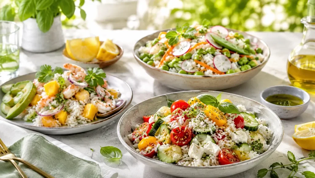 Assortiment de salades de riz fraîches et colorées, garnies de légumes croquants, herbes, crevettes, feta et agrumes.