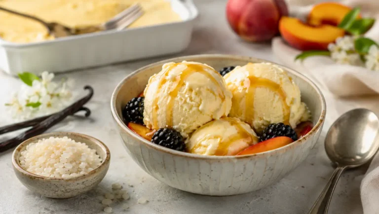 Glace maison au riz sans sorbetière, servie en boules avec caramel, fruits d’été, vanille et riz rond.