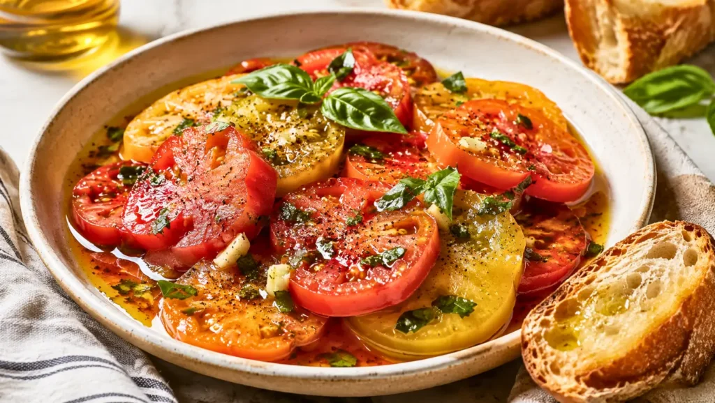 Tomates marinées à l’huile d’olive, ail et herbes fraîches avec du pain grillé.