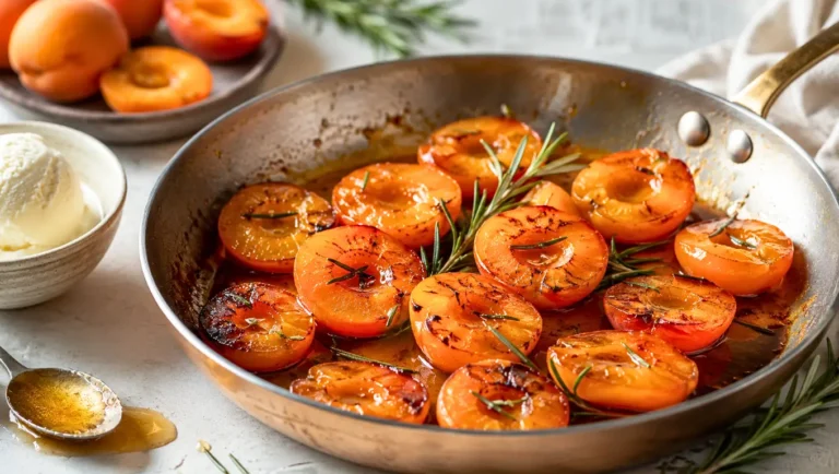Abricots caramélisés au miel et au romarin dans une poêle, servis avec une glace vanille.