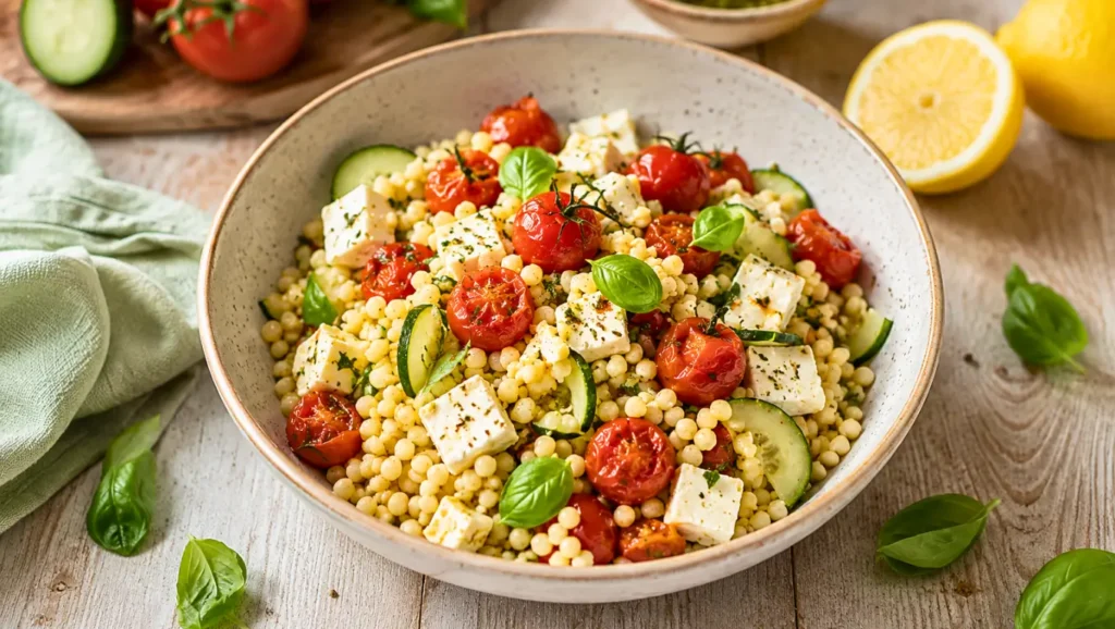 Salade de perles de blé aux tomates cerises, concombre, feta rôtie et basilic.
