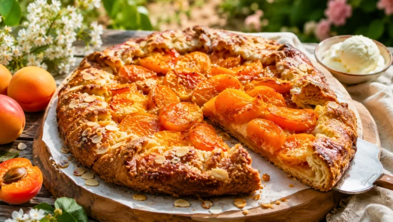 Tarte rustique aux abricots et amandes, dorée et croustillante.