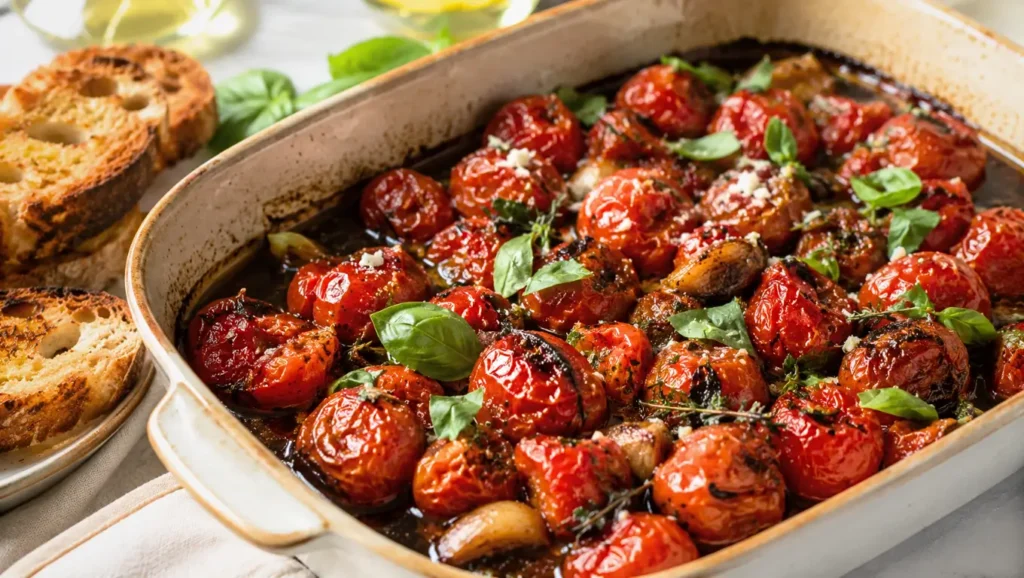 Tomates cerises confites au four avec balsamique et basilic, servies dans un plat avec des croûtons grillés.
