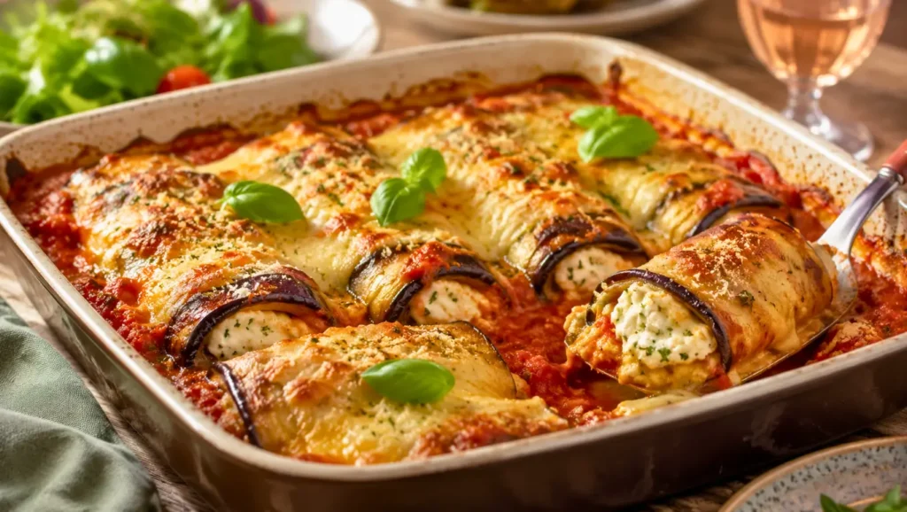 Aubergines gratinées en rouleaux avec ricotta, sauce tomate et fromage fondu.