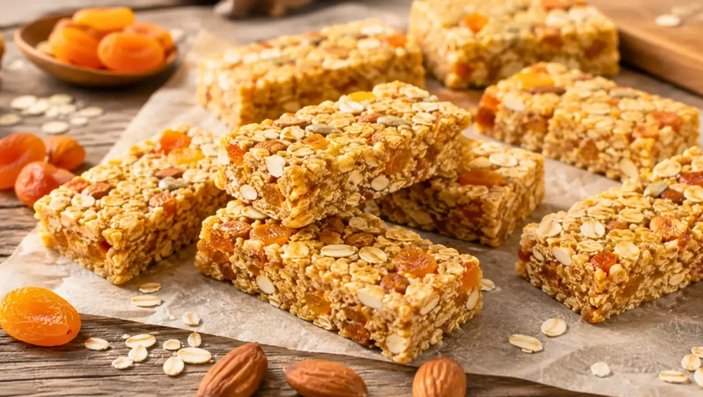 Barres de céréales maison aux abricots, avoine et amandes.