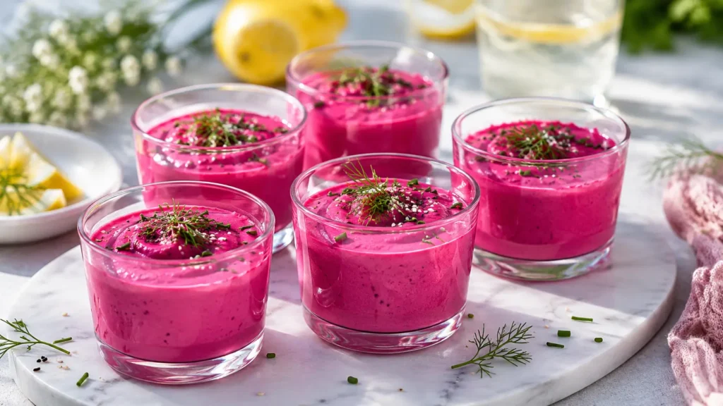 Verrines roses de betterave au fromage frais, citron et herbes.