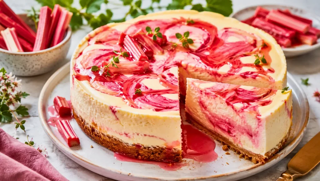 Cheesecake léger à la ricotta avec tourbillon de rhubarbe rose.