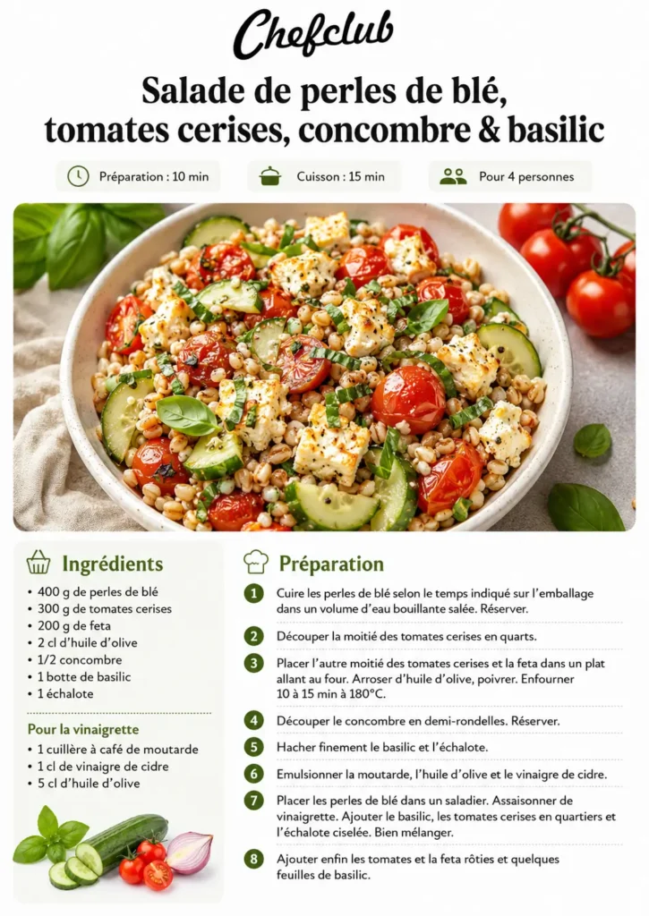 Fiche recette Chefclub de salade de perles de blé aux tomates cerises, concombre, feta et basilic.