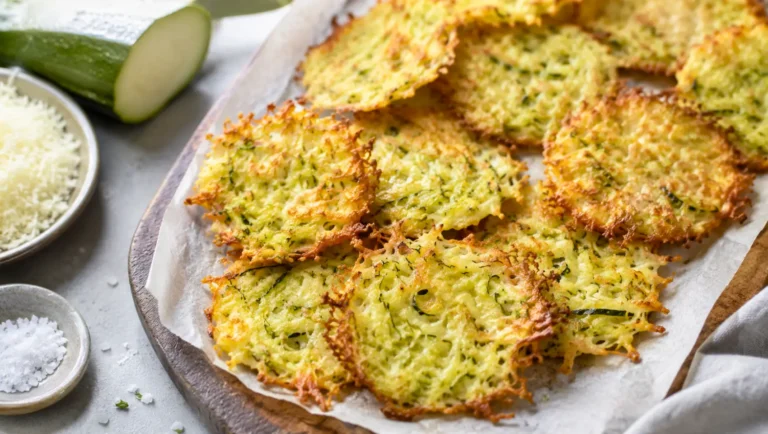 Chips de courgette au parmesan dorées et croustillantes.