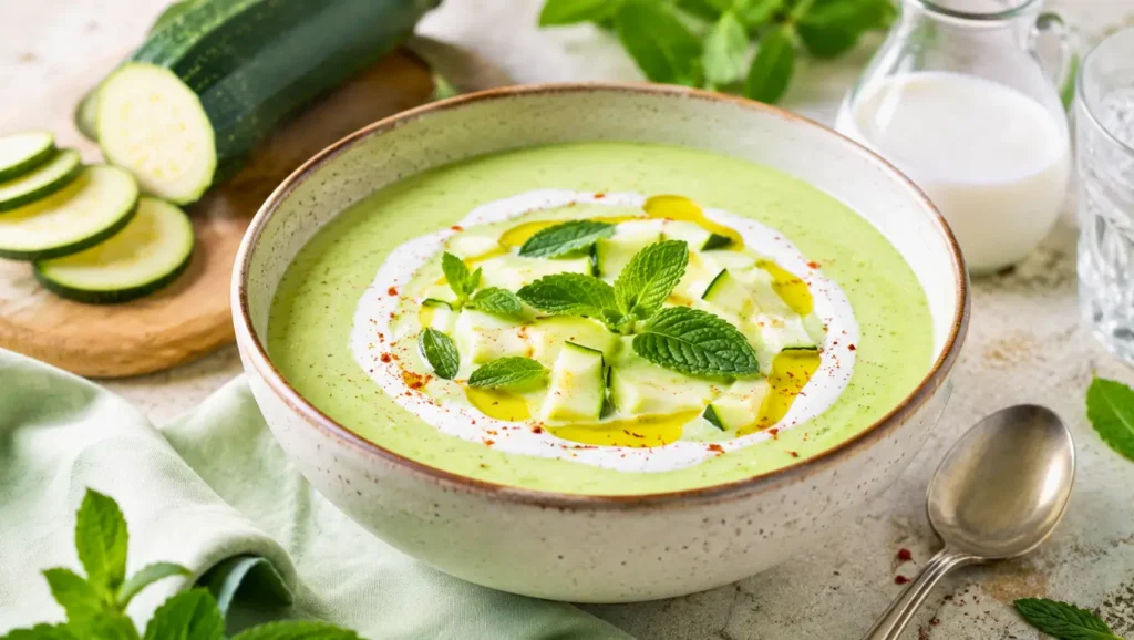 Soupe froide de courgette au lait de coco et menthe fraîche.