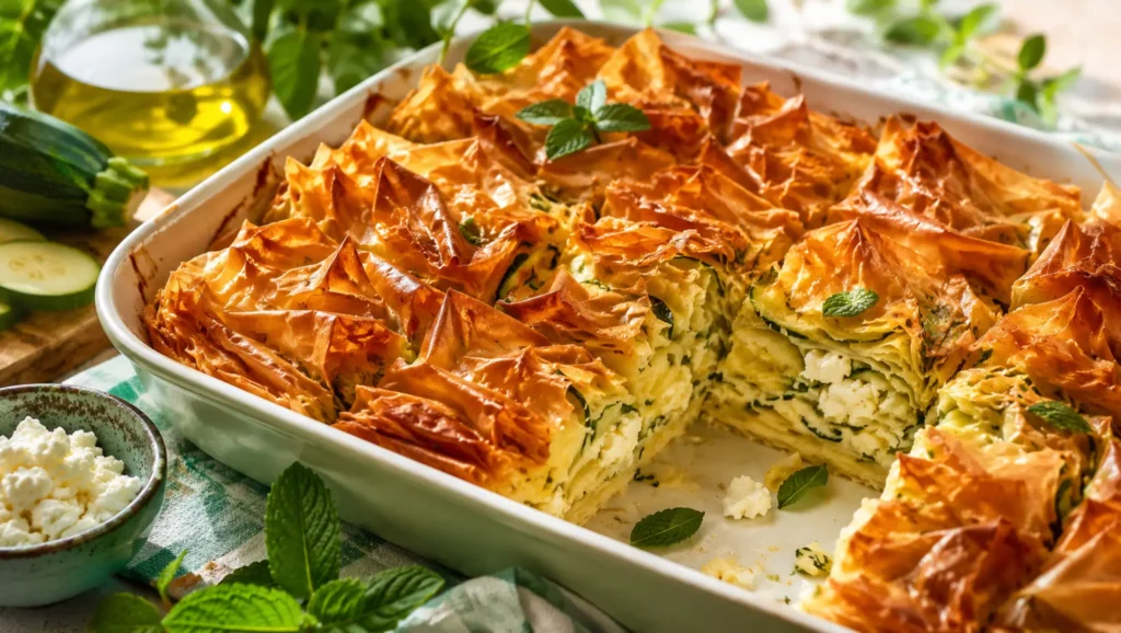 Crinkle cake courgette-feta doré et croustillant dans un plat, avec pâte filo, courgette, feta et menthe.