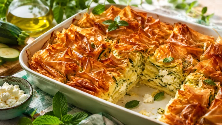 Crinkle cake courgette-feta doré et croustillant dans un plat, avec pâte filo, courgette, feta et menthe.