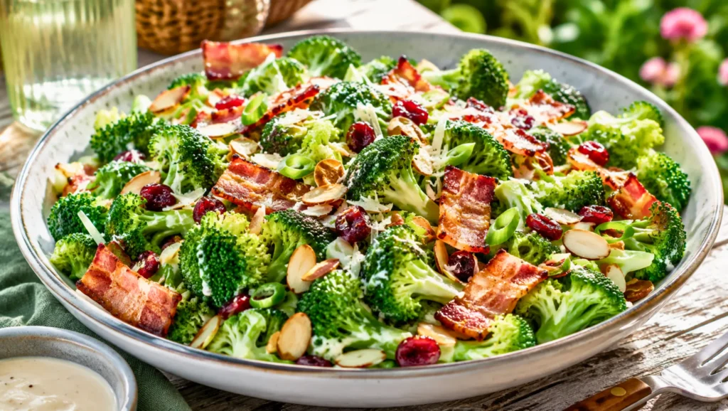 Salade de brocoli avec poitrine fumée croustillante, amandes effilées, cranberries, parmesan et oignons nouveaux, servie en grand plat.