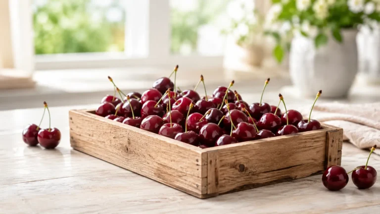 Cerises rouges fermes et brillantes dans une cagette en bois, posées sur une table lumineuse.