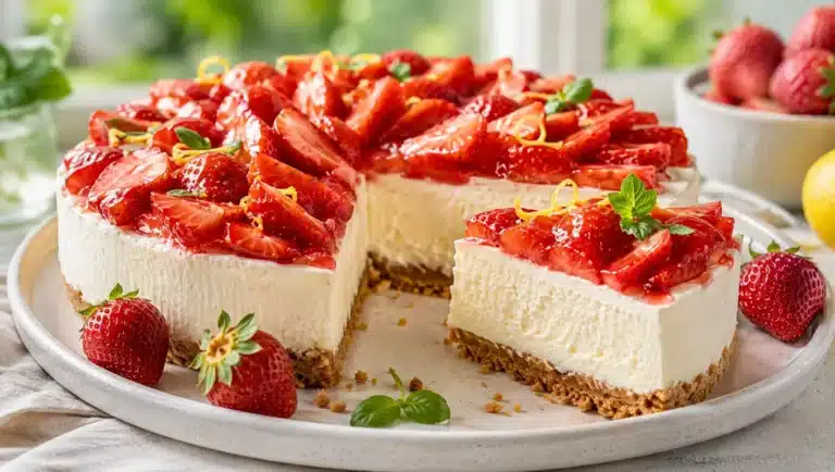 Cheesecake sans cuisson aux fraises avec base biscuitée, crème blanche au fromage frais, fraises fraîches brillantes et zestes de citron, présenté sur une assiette en céramique près d’une fenêtre.