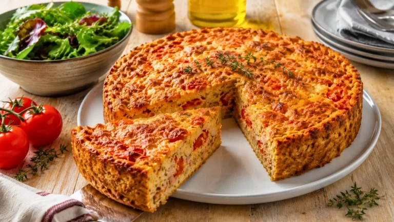 Flan de thon à la tomate doré, présenté en part triangulaire sur une table en bois avec salade verte et tomates fraîches