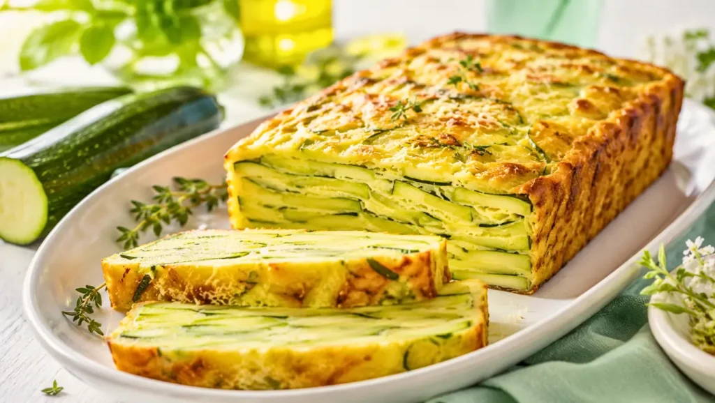 Gâteau invisible salé aux courgettes, fondant et finement tranché.